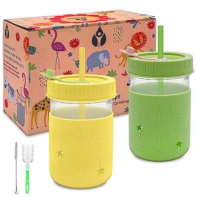 Elk and Friends Kids & Toddler Cups, The Original Glass Mason jars 8 oz  with Silicone Sleeves & Silicone Straws with Stoppers, Smoothie Cups
