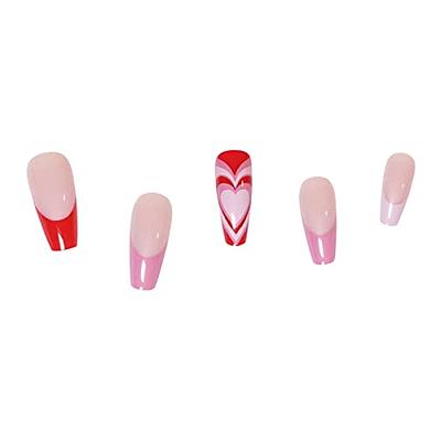  Square Press on Nails Long French Tip Fake Nails Pink Acrylic  Nails with Love Pearl Ring and Bow Designs Glue on Nails Strawberry False  Nails Valentine's Day Stick on Nails for