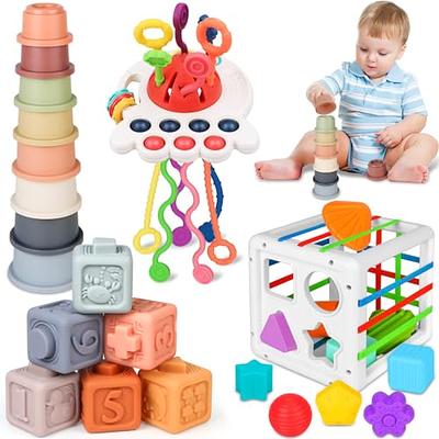 Baby toys 6 to 12 months, Montessori toys for 1 year old, Silicone Pull  String Teething Toys, Stacking Building Blocks Infant Toddler Toys 0-3,  Color