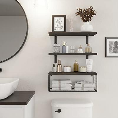 Rustic 3-Tier Wall Mounted Brown Wood Bathroom Shelves w/Hanging