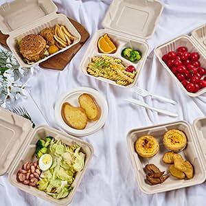 ECOLipak 50 Pack Clamshell Take Out Food Containers, 100% Compostable  Disposable To Go Containers, 8X8 3-Compartment Heavy-Duty To Go Boxes