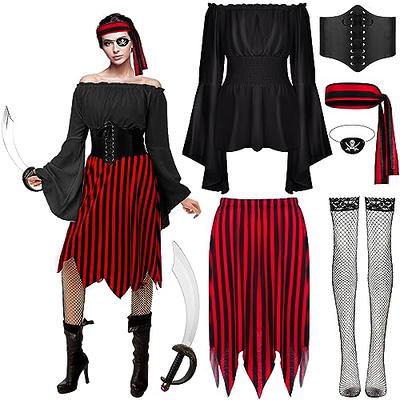 HanaHola 5 pcs Women Pirate Costume Cosplay Renaissance Blouse Tops Corset  Waist Belt Pirate Skirt Stripes Headscarf Eye Patch Outfit (White, Large) -  Yahoo Shopping