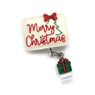 Merry Christmas Name Badge Reel - Cute Glitter Lanyard Gifts Nurse