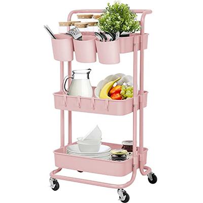 SNTD 3 Tier Rolling Cart with Wheels - Utility Storage Cart with Drawer and  Wood Top, Metal Art Cart for Kitchen, Office, Classroom (White)