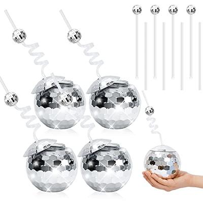 Whaline 4 Sets Disco Ball Cups Disco Mirror Ball Straws Disco Ball Stirrers  Set 20oz Silver