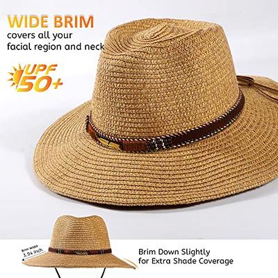 Women Straw Sun Hat Mens Cowboy Style Garden Hat UPF 50+ Wide Brim Summer  Hat with Wind Lanyard 