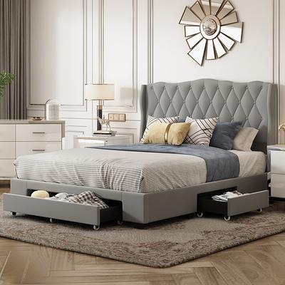 URTR 85 in. W Light Grey Queen Size Upholstered Platform Bed with
