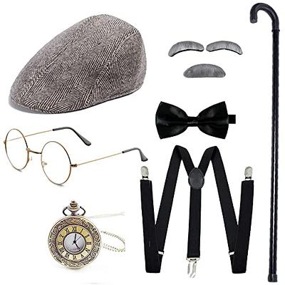 1920s Men Gatsby Costume Accessories, Fancy Dress Accessories Set with  Fedora Hat/Y-Back Elastic Suspender/Necktie/Bow Tie/Pocket Watch for Prom