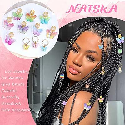 Naiska 20pcs Gold Butterfly Braid Clips Pearl Shiny Hair Dreadlock Accessories Colorful Butterflies Pendant Crystal Dreadlock Charms Star Braid