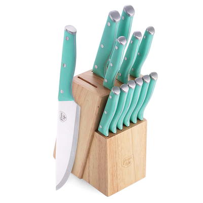 nuovva Kitchen Knife Block Set Copper 5 Piece Set with Knives Clear Acrylic Block Stainless Steel Blades