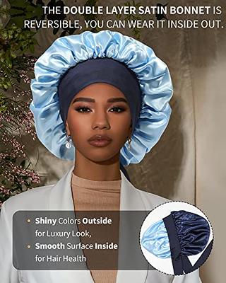 Satin Bonnet for Women Silk Bonnets for Sleeping Curly Hair Bonnet with  Elastic Tie Band Double Layer Sleep Cap Hair Wrap