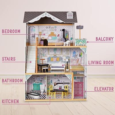 Huluwat Pink Classic Wooden Dollhouse for Toddlers with of