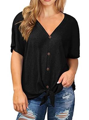 OLRIK Womens Plus Size Tops Short Sleeve V Neck Waffle Knit Tunic Blouse  Tie Front Button Up T Shirts Black-3X - Yahoo Shopping