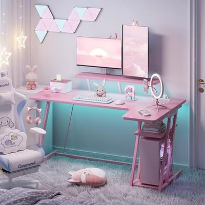  YOUTHUP Pink Gaming Desk with LED Lights, 55 Z Shaped