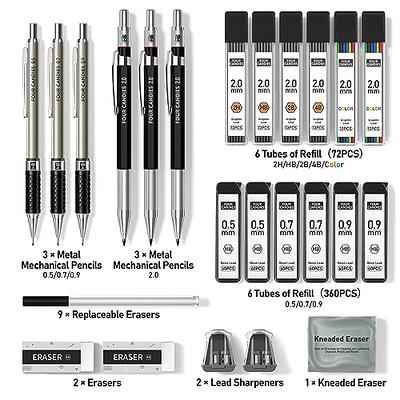 Nicpro 2 PCS Mechanical Pencils 0.5mm & 0.7 mm with Case, MP1000 Metal  Artist Pencil Set with 4 Tubes HB Lead Refills, 2 Erasers, 9 Eraser Refills  For