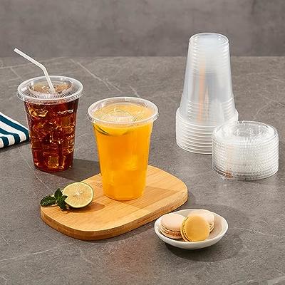 [100 Pack] 16 oz BPA Free Clear Plastic Cups with Flat Slotted Lids for Iced Cold Drinks Coffee Tea Smoothie Bubble Boba Disposable Medium Size