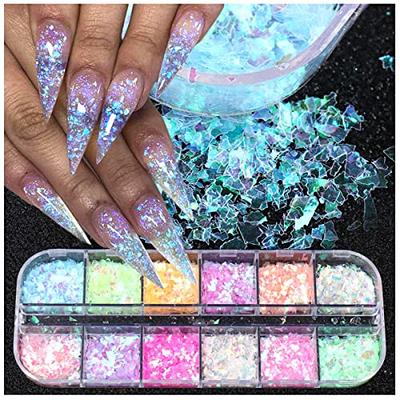 Holographic Nail Art Glitter Iridescent Flakes Nail Foil 12 Grids Mermaid  Bright Colorful Star Gradient Ice Slag Nail Sequins Paillettes Summer Nail