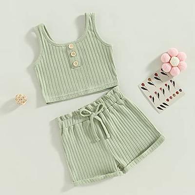 2pcs Toddler Girl Ruffled Ribbed White Camisole and Floral Print Flared Pants Set