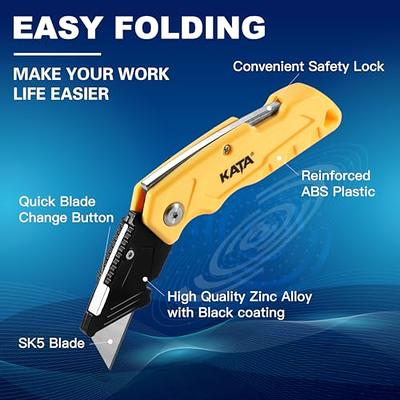 Folding Utility Knife, SK5 Heavy Duty Retractable and Folding Box Cutter  for Cartons Cardboard and Boxes, Quick Blade Change Box Cutter, Anti-slip  Metal Body, with Safety Lock and 5 Extra Blades 