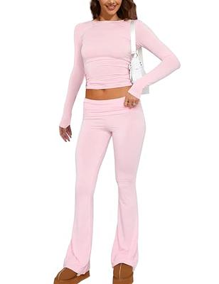  Womens Two Piece Outfit Basic Long Sleeve Crop Top And Low  Rise Flare Pants Set Lounge 2 Piece Yoga Tracksuit