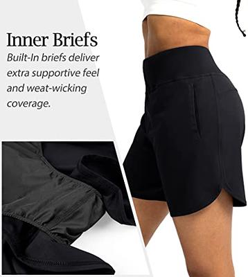 Women's Running Shorts with Pockets High Waisted Athletic Workout Gym Shorts  for Women with Liner, Black, S 