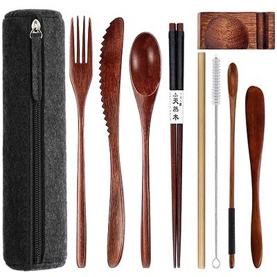 Portable Travel Bamboo Knife Fork Spoon ChopSticks Straw Brush