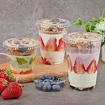 12 oz Clear Plastic Parfait Cups with Insert 3.25oz & Flat Lids No Hole -  (50 Sets) Yogurt Fruit Parfait Cups for Kids, for Dips and Veggies, Take