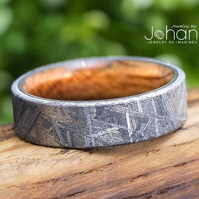 Meteorite Men's Wedding Band With Whiskey Barrel Wood Sleeve