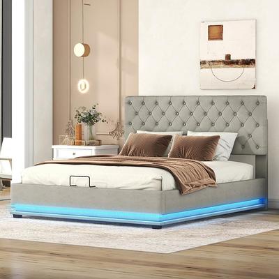 URTR White Wood Frame Full Size Upholstered Platform Bed with LED