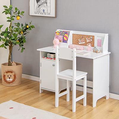 Costzon Kids Desk and Chair Set, Children Wooden School Learning Table  w/Drawer & Storage Cabinets, Student Writing Computer Workstation for  Bedroom 