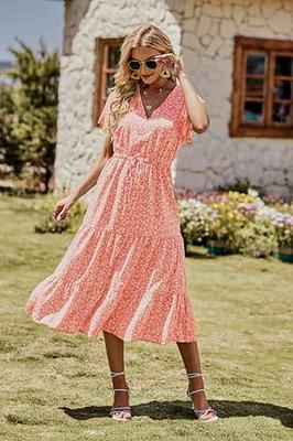 PRETTYGARDEN Women's Summer Casual Boho Dress Floral Print Ruffle Puff  Sleeve High Waist Midi Beach Dresses (Apricot,Small) at  Women's  Clothing store