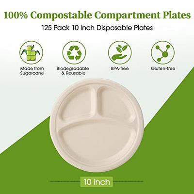 100% Compostable 9 Inch Heavy-Duty Plates 3 Compartment Eco-Friendly  Disposable Sugarcane Paper Plates