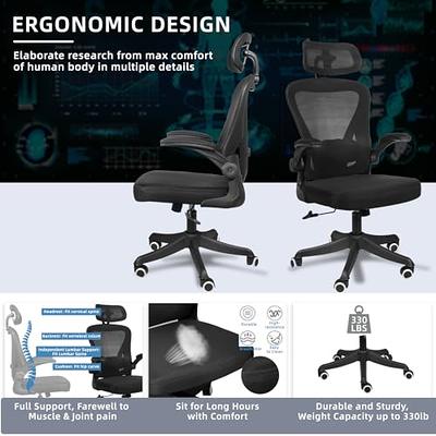 SeekFancy Ergonomic Mesh Office Chair, High Back Desk Chairs with Wheels -  Adjustable Lumbar Support and Headrest, Tilt Function with Flip-Up Arms