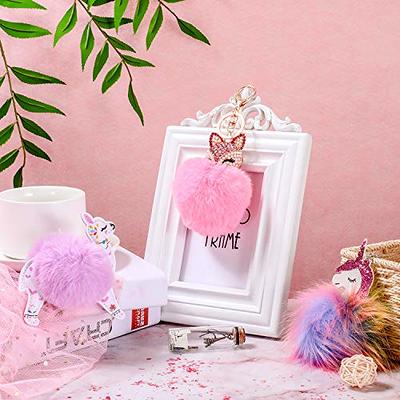 Furry Pompom Unicorn Key Chain Soft Pink Faux Fur Ball Key Ring +