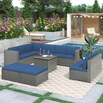 SINOFURN Rattan Outdoor Sectional with Red Cushion(S) and Rattan