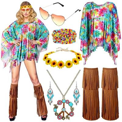 Libima 7 Pcs Women Hippie Costume Accessories Set Hippie Tie Dye Poncho  Tassel Fringe Boot Covers Headband Bracelet Sunglasses Peace Sign Earring  Necklace for Halloween Costume 60s 70s Party - Yahoo Shopping