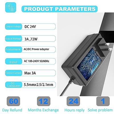 24V 3A Power Supply Adapter,100-240V AC to DC, 5.5mm x 2.5mm DC