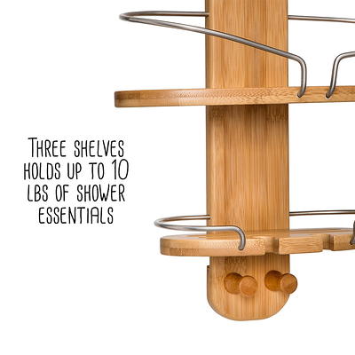 Silver Stainless Steel & Bamboo Hanging Caddy - Over-The-Head Shower  Organizer with Hooks & Suction Cups