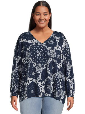 Terra & Sky Women's Plus Size Print Henley Top with Long Sleeves