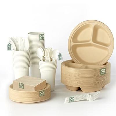 Gezond 250pcs Compostable Paper Plates Set, Disposable Dinnerware Set Heavy- Duty Eco Friendly Plates Biodegradable Utensils for