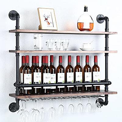 Wall Bar Shelves Industrial Pipe Shelving with 4 Stem Glass Holder, 4-Tiers  Rustic Floating Wine