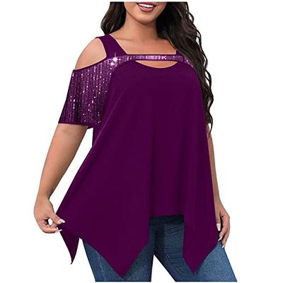 HGps8w Women's Plus Size Cold Shoulder Tops Sparkly Sequin Splicing Short  Sleeve Tshirt Flowy Handkerchief Hem Swing Blouse - Yahoo Shopping