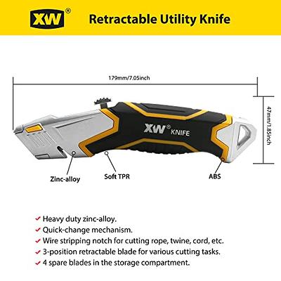 XW Auto-Retractable Safety Utility Knife, Box Cutter of Quick Blade Change,  4 Spare Blades Storage in Handle