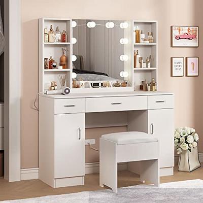 Makeup Vanity Table with Lighted Mirror, Vanity Desk Set with Shelves,  Dresser Desk and Cushioned Stool Set White