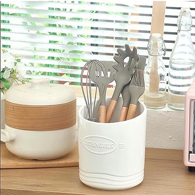 BIGINIWA Kitchen Utensil Holder for Countertop - Rustic Farmhouse Decor - 2  Ceramic Utensil Holders with 1 Wood Stand Plastic Base - White