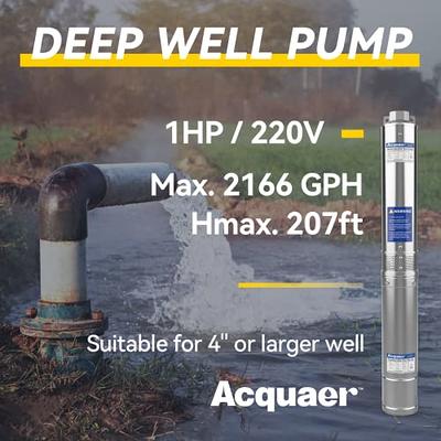 VEVORbrand Deep Well Pump 1 HP Submersible Well Pump 33GPM Deep Well Pump  207ft Head with 9.8ft Cable Water Well Pumps Submersible Stainless Steel  for Factories, Farmland, Irrigation Use 