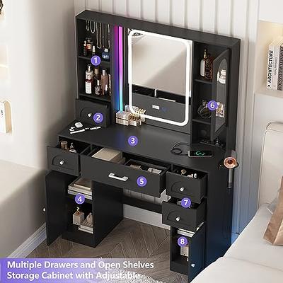 Black Vanity Desk with Mirror and Lights,Makeup Vanity with RGB Lights and  Power Strip,Makeup Desk Vanity Table with 5 Drawers Lots Storage & Time  Display,3 Lighting Modes LED Lighted Mirror,41.3in(L) - Yahoo