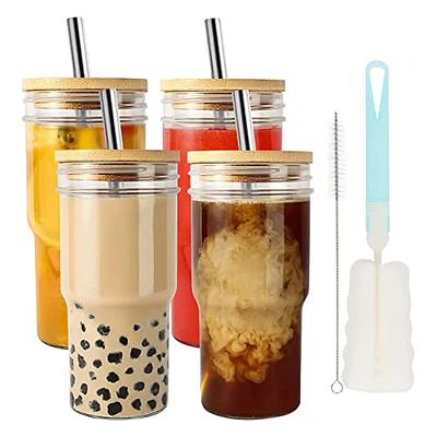 Ulrikco 2 Pack Reusable Boba Cup Bubble Tea Cup, 730ml/24oz Wide Mouth Smoothie  Cups, Mason Jars Cups with Bamboo Lids & Straws, Glass Tumbler Drinking  Bottle for Pearl Boba Juices Cocktail 