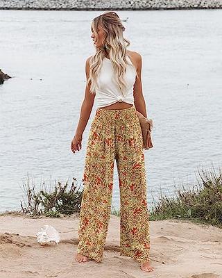 Capri Pants for Women Summer Floral Printed High Waist Button Wide Leg  Palazzo Capris Lightweight Beach Cropped Pants