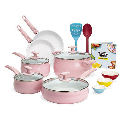 Toxin-Free Ceramic and Dishwasher Safe 12-Piece Pots and Pans Cookware Set,  Pink